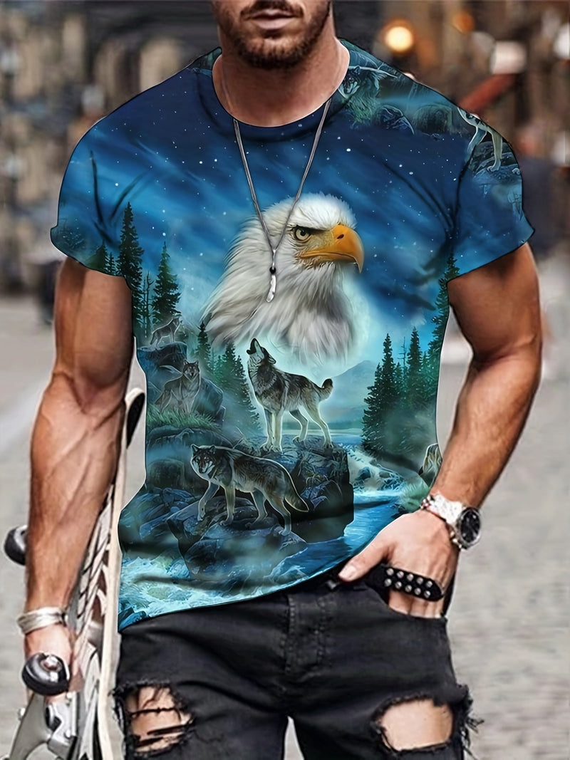 Camiseta de Hombre con Estampado 3D de Lobo y Ave - Ajuste Regular, Tejido Elástico, Cuello Redondo, Fácil de Lavar - SACASUSA