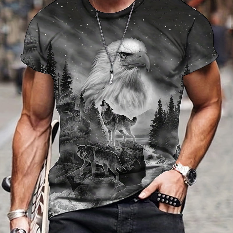 Camiseta de Hombre con Estampado 3D de Lobo y Ave - Ajuste Regular, Tejido Elástico, Cuello Redondo, Fácil de Lavar - SACASUSA