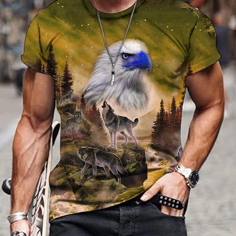 Camiseta de Hombre con Estampado 3D de Lobo y Ave - Ajuste Regular, Tejido Elástico, Cuello Redondo, Fácil de Lavar - SACASUSA