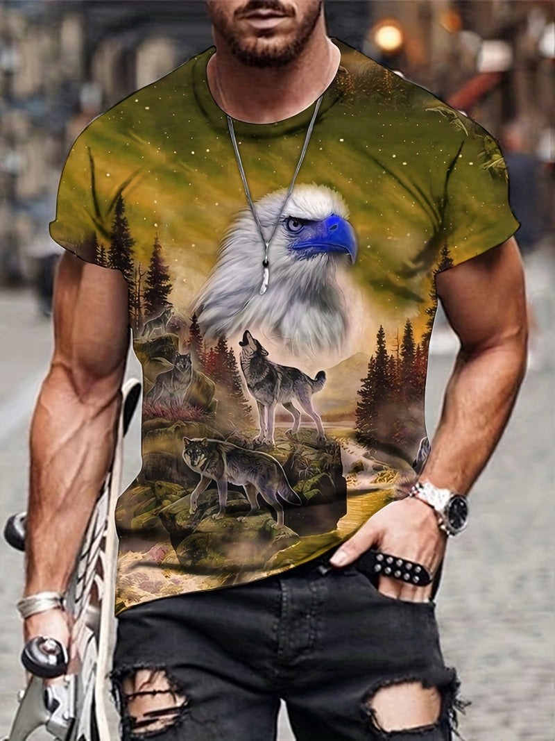 Camiseta de Hombre con Estampado 3D de Lobo y Ave - Ajuste Regular, Tejido Elástico, Cuello Redondo, Fácil de Lavar - SACASUSA