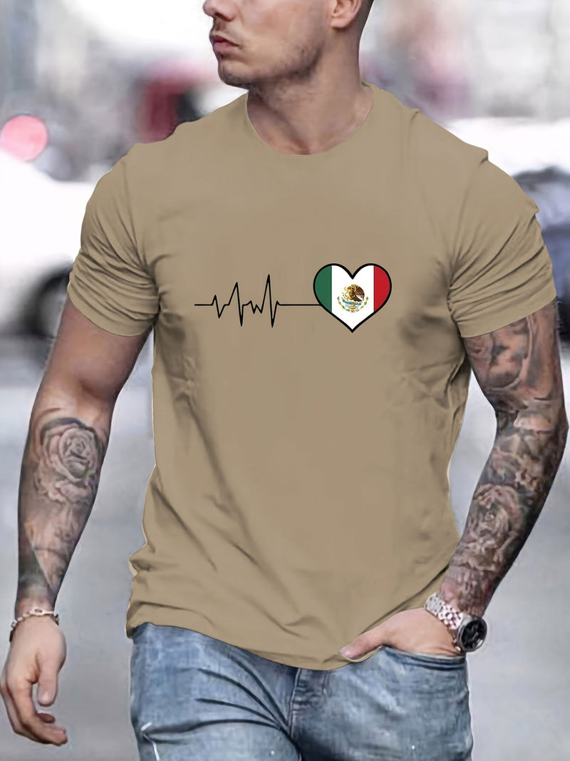 Camiseta De Impresión De Electrocardiograma De La Bandera Mexicana, Camisetas Para Hombres, Camiseta Casual De Manga Corta Para El Verano - SACASUSA