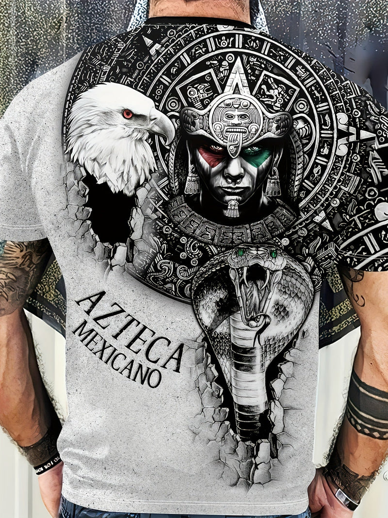 Camiseta De Manga Corta, cuello redondo y con estampado de "Azteca mexicano" para hombres, ropa elegante para verano - SACASUSA