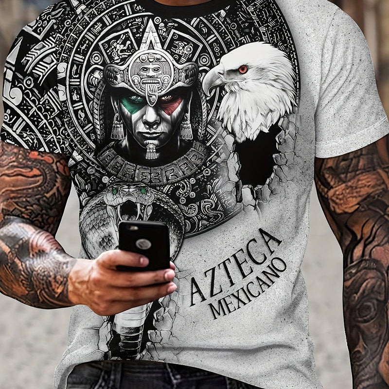 Camiseta De Manga Corta, cuello redondo y con estampado de "Azteca mexicano" para hombres, ropa elegante para verano - SACASUSA