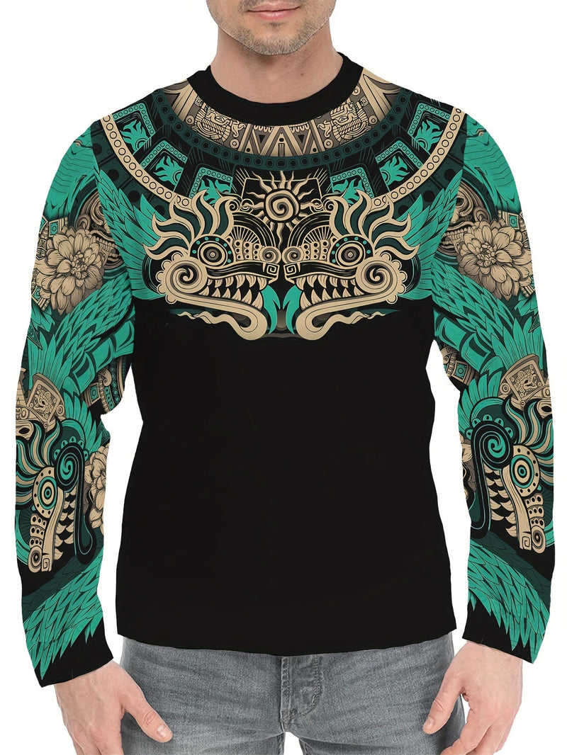 Camiseta de manga larga con cuello redondo y estampado completo de estilo étnico propio de la cultura azteca mexicana. Ropa de primavera y otoño para hombres - SACASUSA