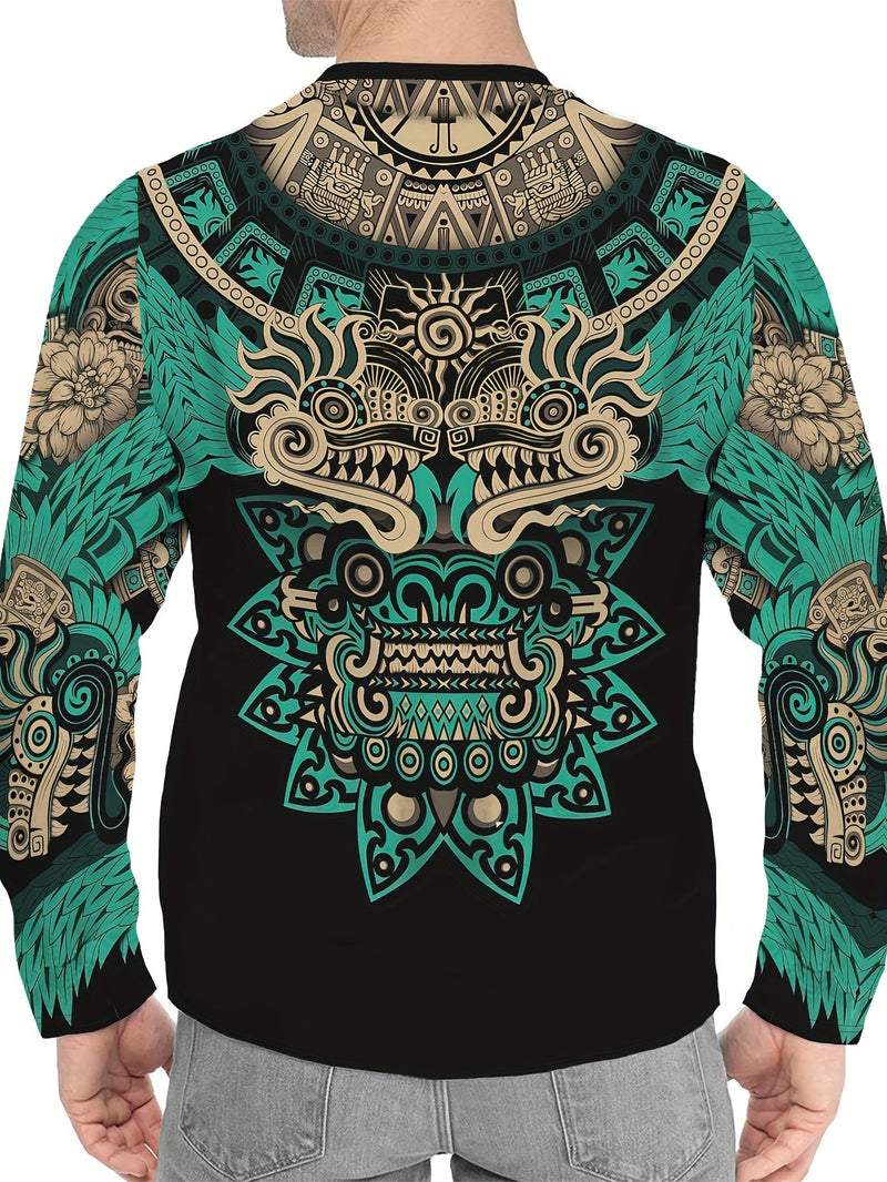 Camiseta de manga larga con cuello redondo y estampado completo de estilo étnico propio de la cultura azteca mexicana. Ropa de primavera y otoño para hombres - SACASUSA