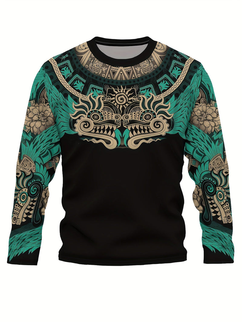 Camiseta de manga larga con cuello redondo y estampado completo de estilo étnico propio de la cultura azteca mexicana. Ropa de primavera y otoño para hombres - SACASUSA