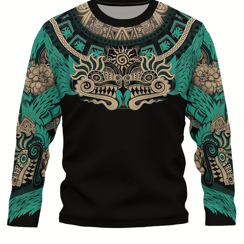 Camiseta de manga larga con cuello redondo y estampado completo de estilo étnico propio de la cultura azteca mexicana. Ropa de primavera y otoño para hombres - SACASUSA