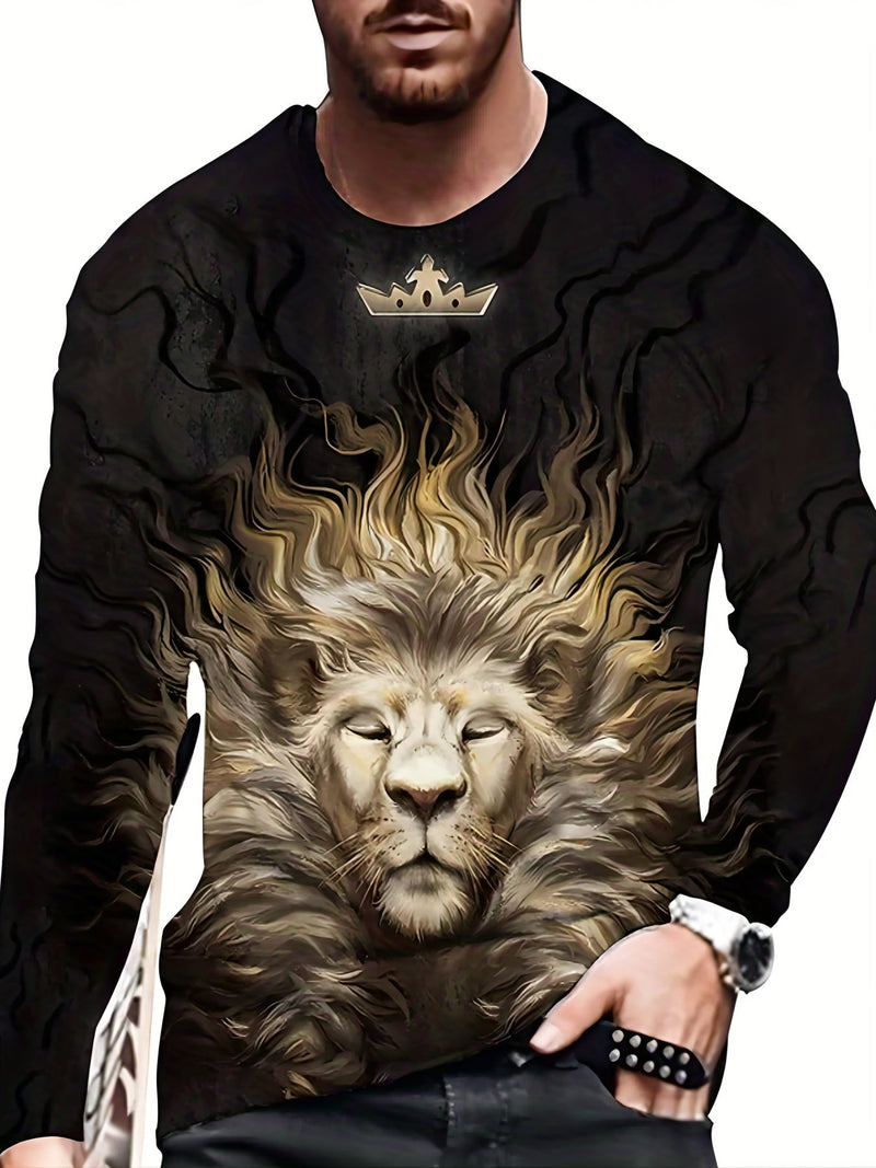 Camiseta de manga larga con estampado de león con corona de rey, Ropa de moda de primavera y otoño para hombres - SACASUSA