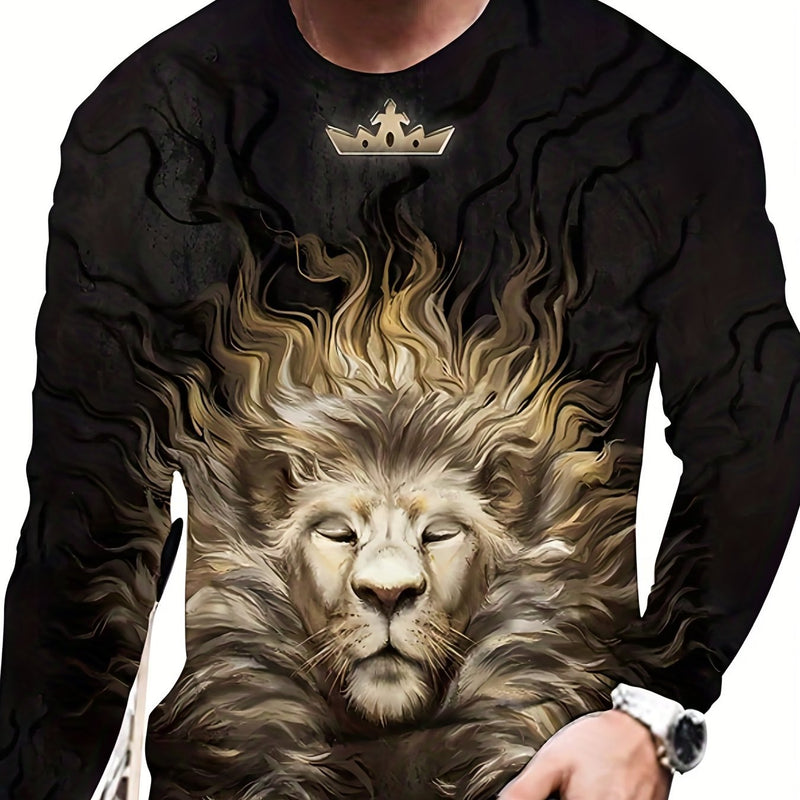 Camiseta de manga larga con estampado de león con corona de rey, Ropa de moda de primavera y otoño para hombres - SACASUSA