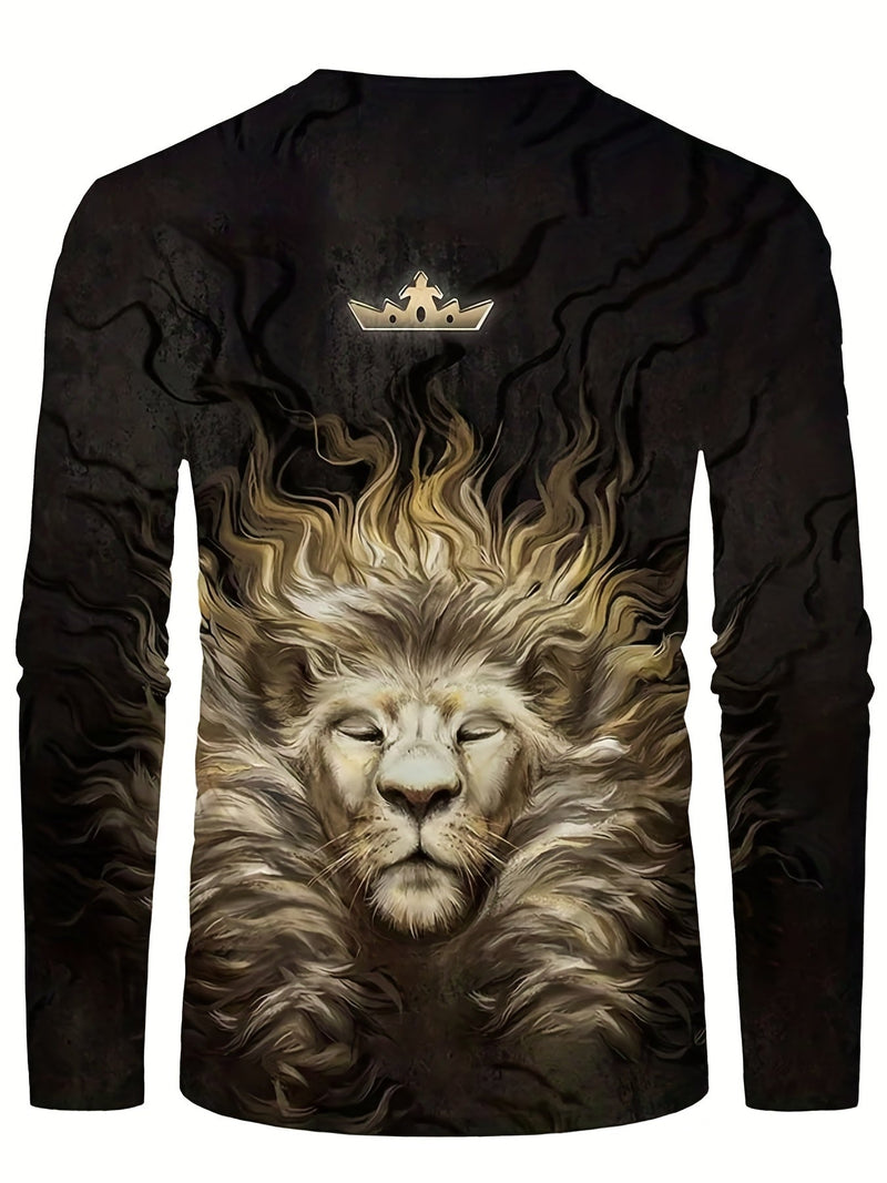 Camiseta de manga larga con estampado de león con corona de rey, Ropa de moda de primavera y otoño para hombres - SACASUSA