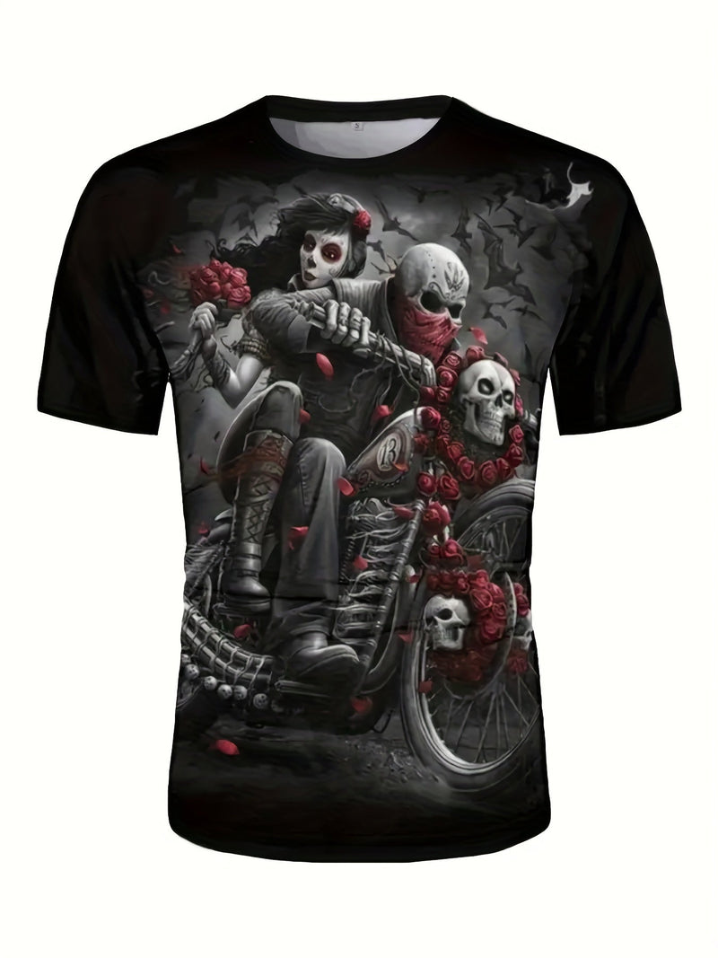 Camiseta De Pijama Con Estampado De Motocicleta Y Calavera De Rosas Para Hombre, Camiseta Gráfica Ajustada Para Ropa De Estar A La Moda De Talla Grande - SACASUSA