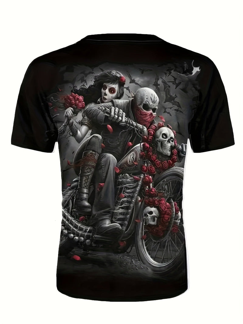 Camiseta De Pijama Con Estampado De Motocicleta Y Calavera De Rosas Para Hombre, Camiseta Gráfica Ajustada Para Ropa De Estar A La Moda De Talla Grande - SACASUSA