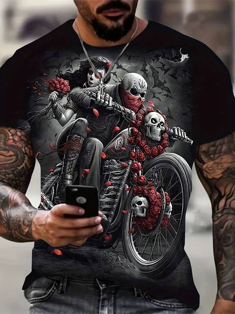 Camiseta De Pijama Con Estampado De Motocicleta Y Calavera De Rosas Para Hombre, Camiseta Gráfica Ajustada Para Ropa De Estar A La Moda De Talla Grande - SACASUSA