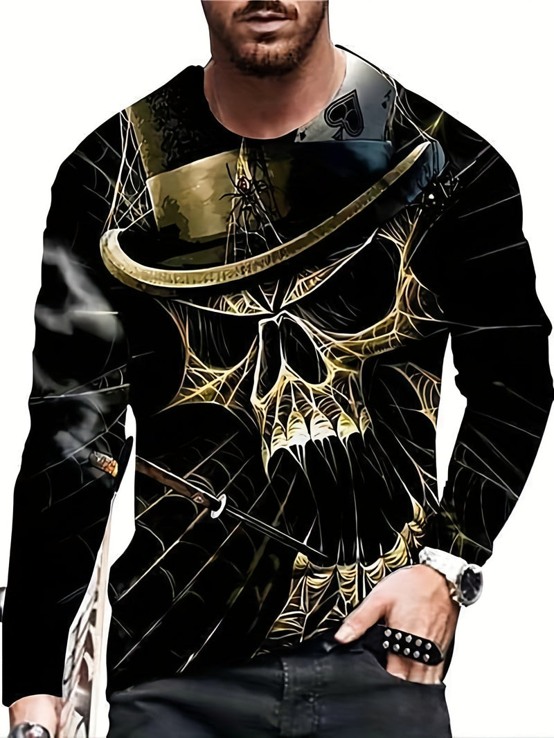 Camiseta de pijama de manga larga con estampado de calavera informal para hombre de Halloween - Camisa cómoda para estar en casa con diseño gráfico divertido - SACASUSA