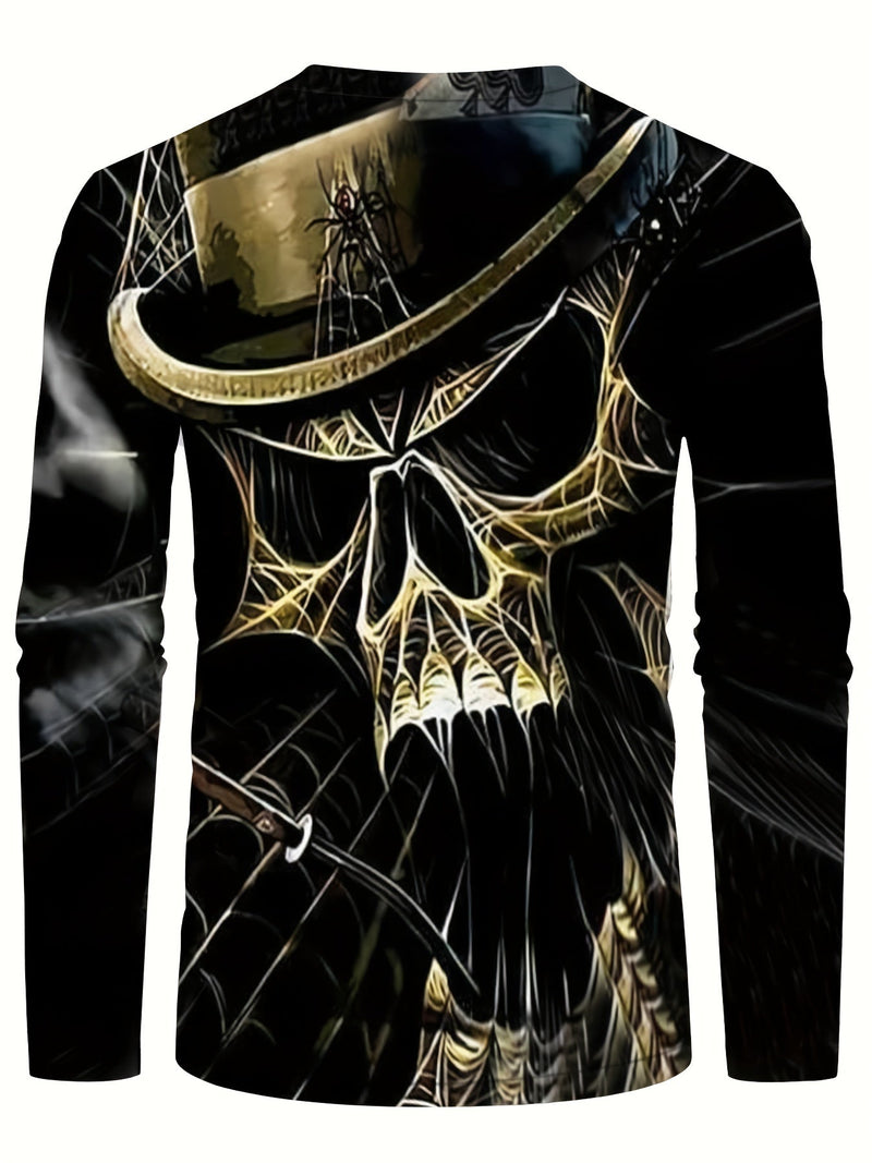 Camiseta de pijama de manga larga con estampado de calavera informal para hombre de Halloween - Camisa cómoda para estar en casa con diseño gráfico divertido - SACASUSA