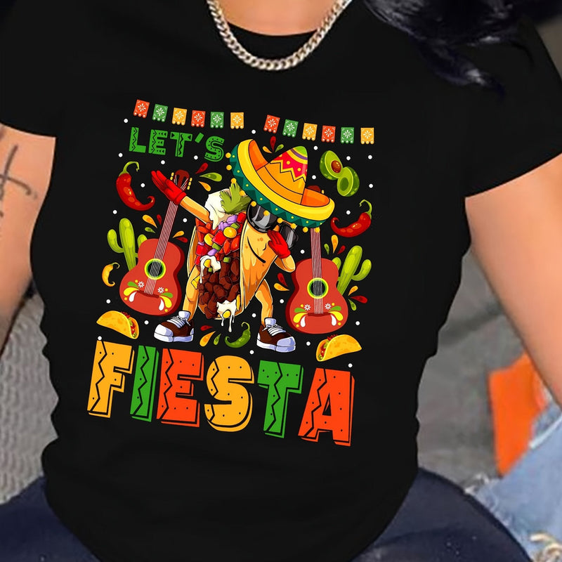 Camiseta Estampada De Sombrero Mexicano, Top Casual De Manga Corta Y Cuello Redondo Para Primavera Y Verano, Ropa De Mujer - SACASUSA