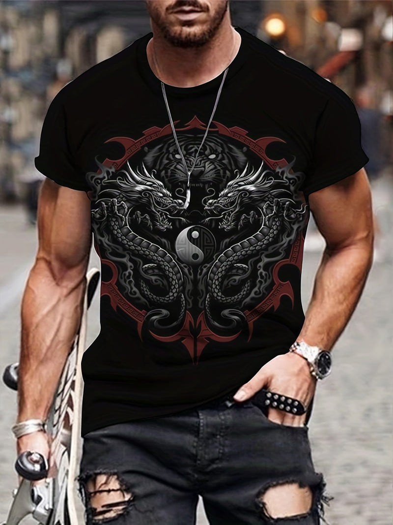 Camiseta/remera/playera novedosa con cuello redondo y diseño gráfico para hombre Estampado de dragón, cómodas e informales para el verano, Tops de ropa para hombre para centros turísticos de vacaciones diarios - SACASUSA