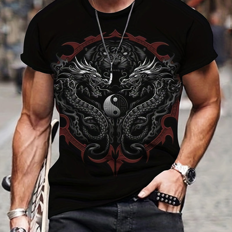 Camiseta/remera/playera novedosa con cuello redondo y diseño gráfico para hombre Estampado de dragón, cómodas e informales para el verano, Tops de ropa para hombre para centros turísticos de vacaciones diarios - SACASUSA