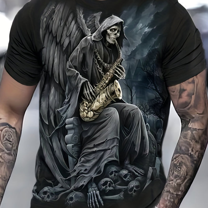 Camisetas De Manga Corta Con Estampado De calavera de la Muerte tocando saxofón De Dibujos Animados, Camisetas De Cuello Redondo De Moda. Camisetas De Pijama Para El Verano - SACASUSA