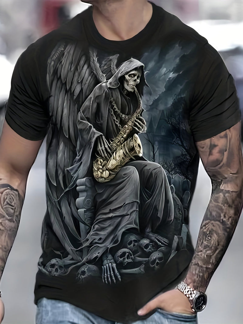 Camisetas De Manga Corta Con Estampado De calavera de la Muerte tocando saxofón De Dibujos Animados, Camisetas De Cuello Redondo De Moda. Camisetas De Pijama Para El Verano - SACASUSA