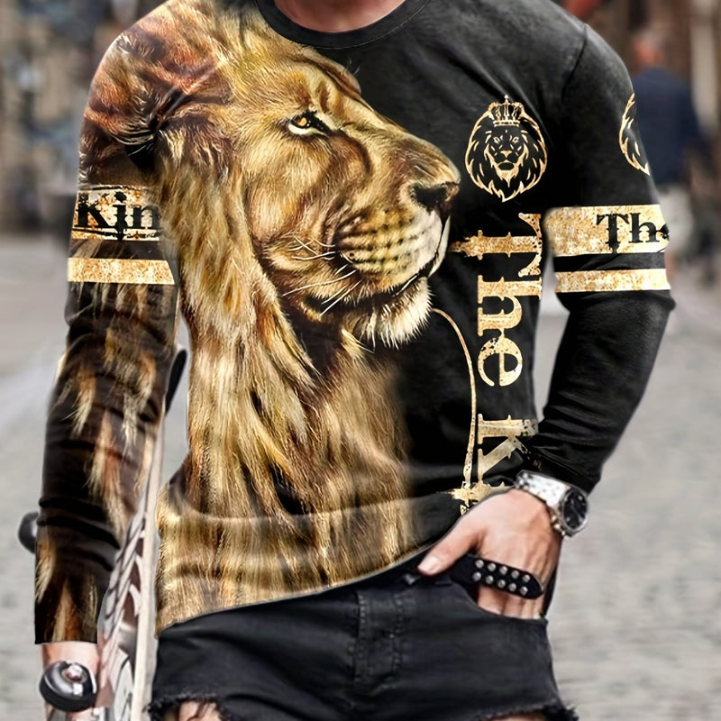 Camisetas De Manga Larga Con Cuello Redondo De Moda Con Estampado De Patrón De Cabeza De León 3D Para Hombres, Tops Gráficos Casuales, Ropa De Hombre, Pijamas De Hombre Novedosos Y Cómodos - SACASUSA