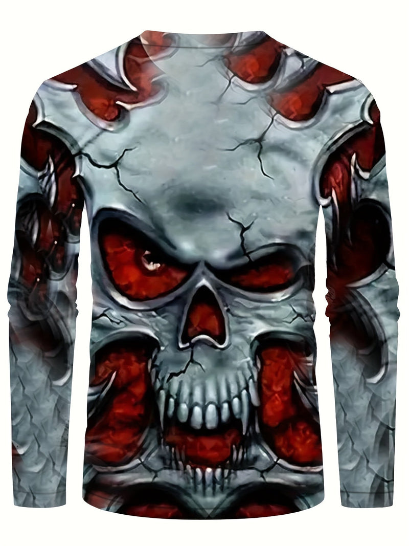 Camisetas Informales De Moda Con Estampado Digital De Calavera Para Hombre, Camiseta De Manga Larga Con Cuello Redondo, Top De Pijama Para El Hogar - SACASUSA