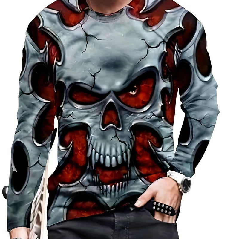 Camisetas Informales De Moda Con Estampado Digital De Calavera Para Hombre, Camiseta De Manga Larga Con Cuello Redondo, Top De Pijama Para El Hogar - SACASUSA