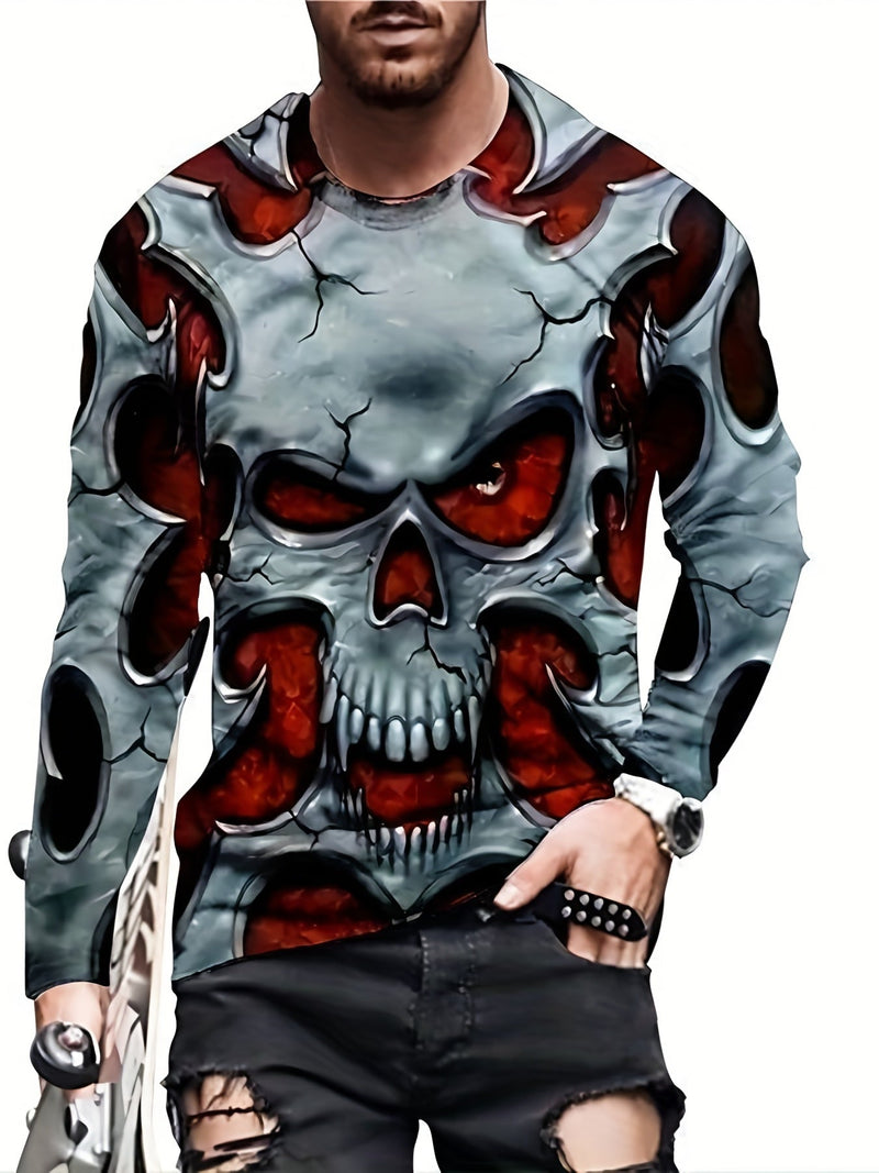 Camisetas Informales De Moda Con Estampado Digital De Calavera Para Hombre, Camiseta De Manga Larga Con Cuello Redondo, Top De Pijama Para El Hogar - SACASUSA