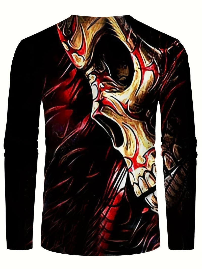 Camisetas Informales De Moda Con Estampado Digital De Calavera Para Hombre, Camiseta De Manga Larga Con Cuello Redondo, Top De Pijama Para El Hogar - SACASUSA