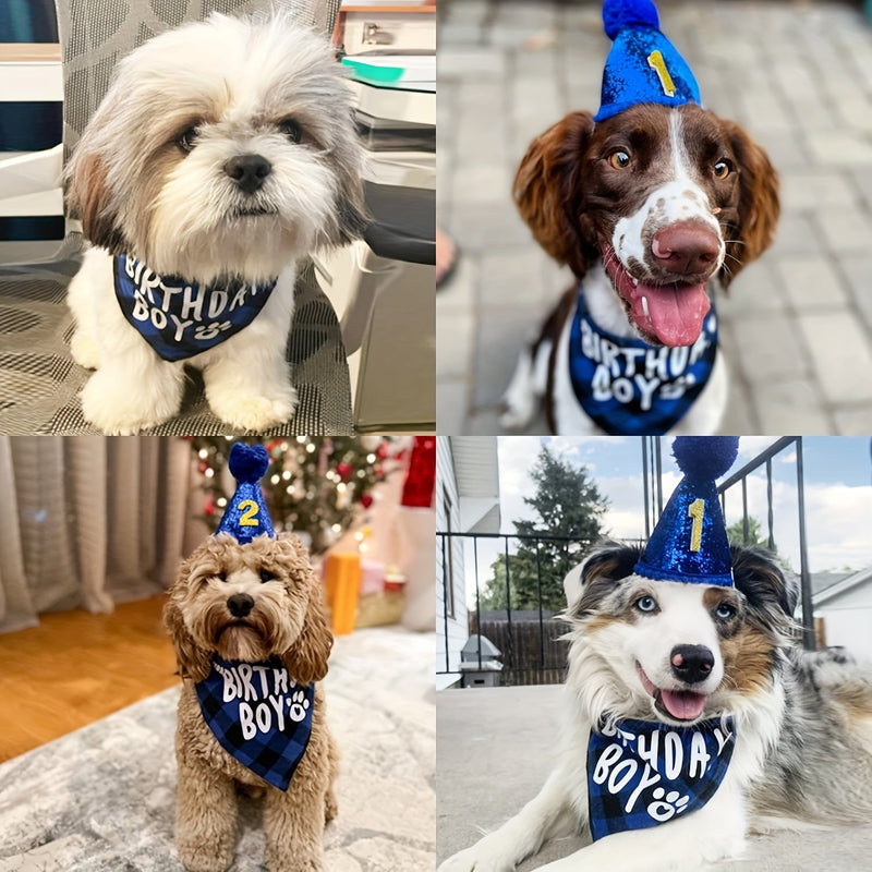 ¡Celebra el Cumpleaños de Tu Mascota: Encantador Set de Pañuelo y Gorro de Fiesta con Diseño de Caricaturas en Azul, Perfecto para Momentos Festivos! - SACASUSA