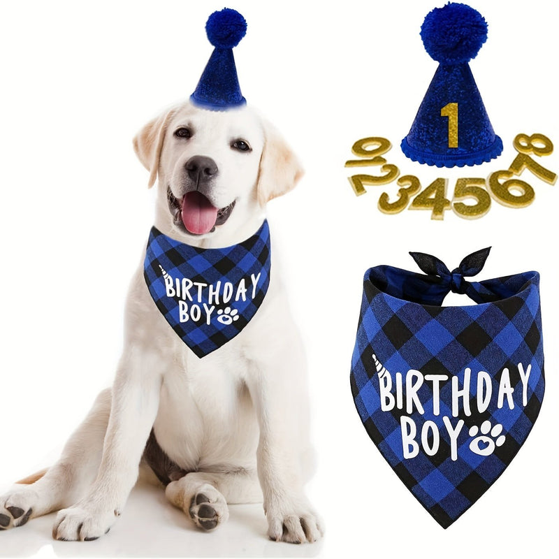 ¡Celebra el Cumpleaños de Tu Mascota: Encantador Set de Pañuelo y Gorro de Fiesta con Diseño de Caricaturas en Azul, Perfecto para Momentos Festivos! - SACASUSA