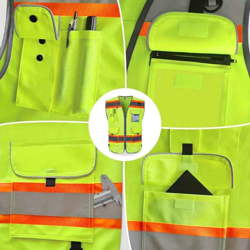 Chaleco de Seguridad de Poliéster de Alta Visibilidad Unisex: 9 Bolsillos, Borde Fluorescente, Transpirable, Duradero, Cumple con Normas ANSI/ISEA - Ideal para Trabajo y Agrimensores - SACASUSA