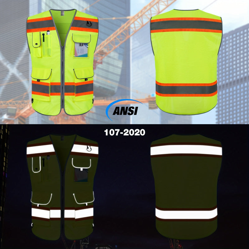 Chaleco de Seguridad de Poliéster de Alta Visibilidad Unisex: 9 Bolsillos, Borde Fluorescente, Transpirable, Duradero, Cumple con Normas ANSI/ISEA - Ideal para Trabajo y Agrimensores - SACASUSA