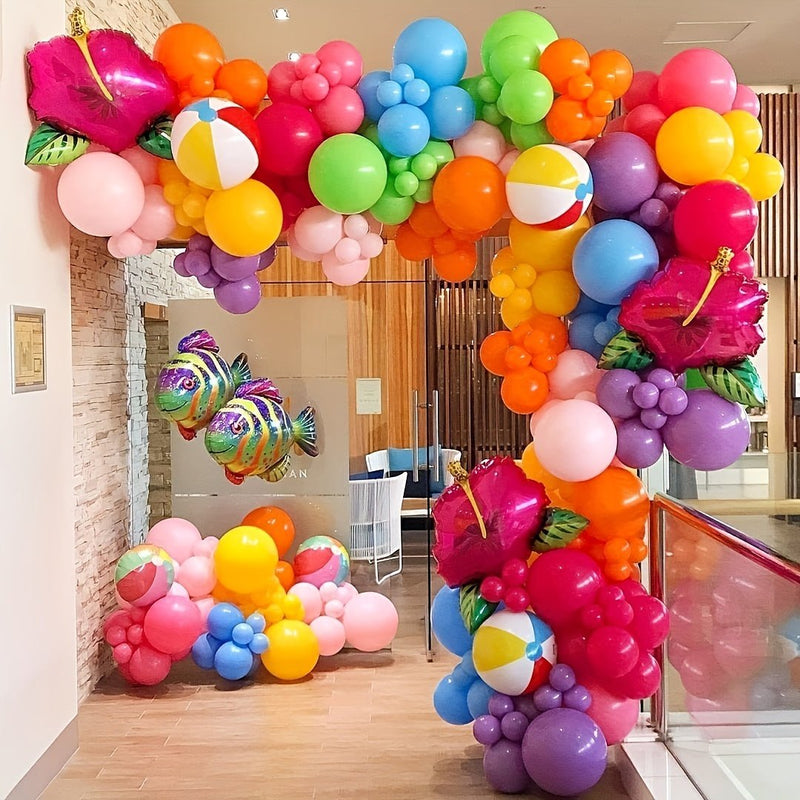 Conjunto De Arco Floral De Globos Tropicales Hawaianos, 148 Globos Arcoíris De Melocotón Rojo Naranja Con Globos De Aluminio Con Forma De Flor Y Pelotas De Playa, Adecuados Para Decoración De Fiestas De Verano, Carnaval, Cumpleaños, - SACASUSA