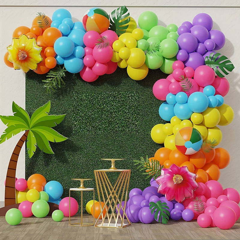 Conjunto De Arco Floral De Globos Tropicales Hawaianos, 148 Globos Arcoíris De Melocotón Rojo Naranja Con Globos De Aluminio Con Forma De Flor Y Pelotas De Playa, Adecuados Para Decoración De Fiestas De Verano, Carnaval, Cumpleaños, - SACASUSA