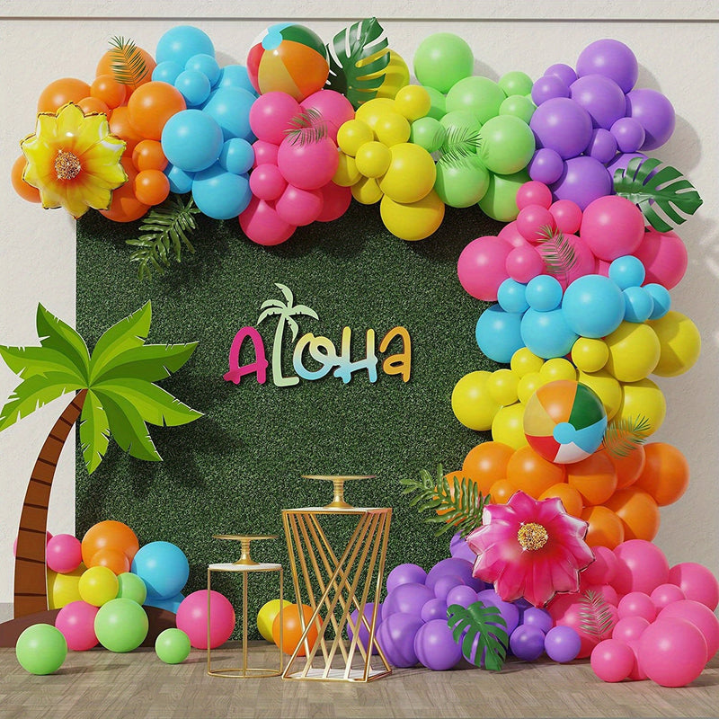 Conjunto De Arco Floral De Globos Tropicales Hawaianos, 148 Globos Arcoíris De Melocotón Rojo Naranja Con Globos De Aluminio Con Forma De Flor Y Pelotas De Playa, Adecuados Para Decoración De Fiestas De Verano, Carnaval, Cumpleaños, - SACASUSA