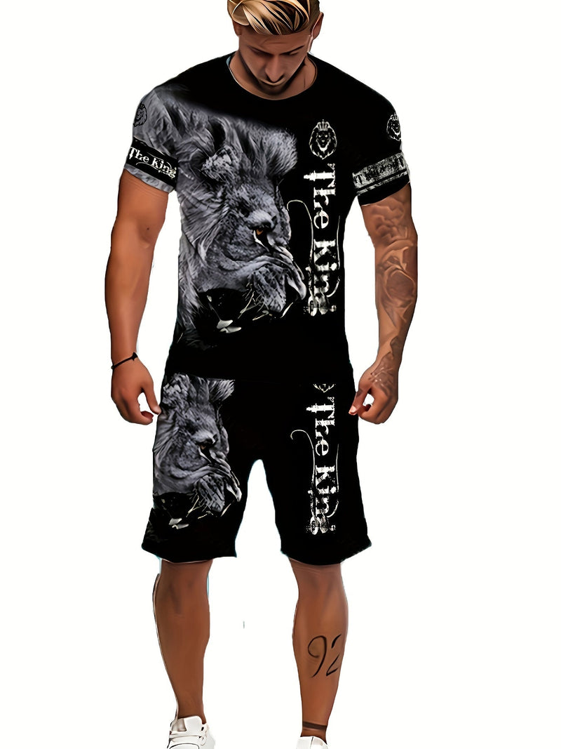 Conjunto de Camiseta y Shorts para Hombre con Estampado de León 3D - Cuello Redondo, Ajuste Elástico y Bolsillos, Ideal para Uso Casual o Pijama - SACASUSA