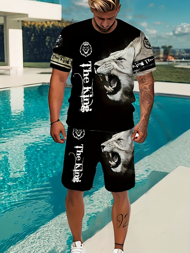 Conjunto de Camiseta y Shorts para Hombre con Estampado de León 3D - Cuello Redondo, Ajuste Elástico y Bolsillos, Ideal para Uso Casual o Pijama - SACASUSA