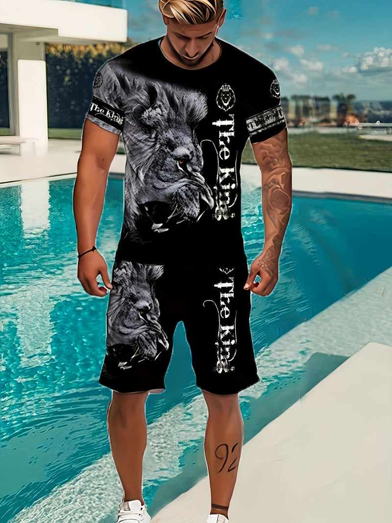 Conjunto de Camiseta y Shorts para Hombre con Estampado de León 3D - Cuello Redondo, Ajuste Elástico y Bolsillos, Ideal para Uso Casual o Pijama - SACASUSA