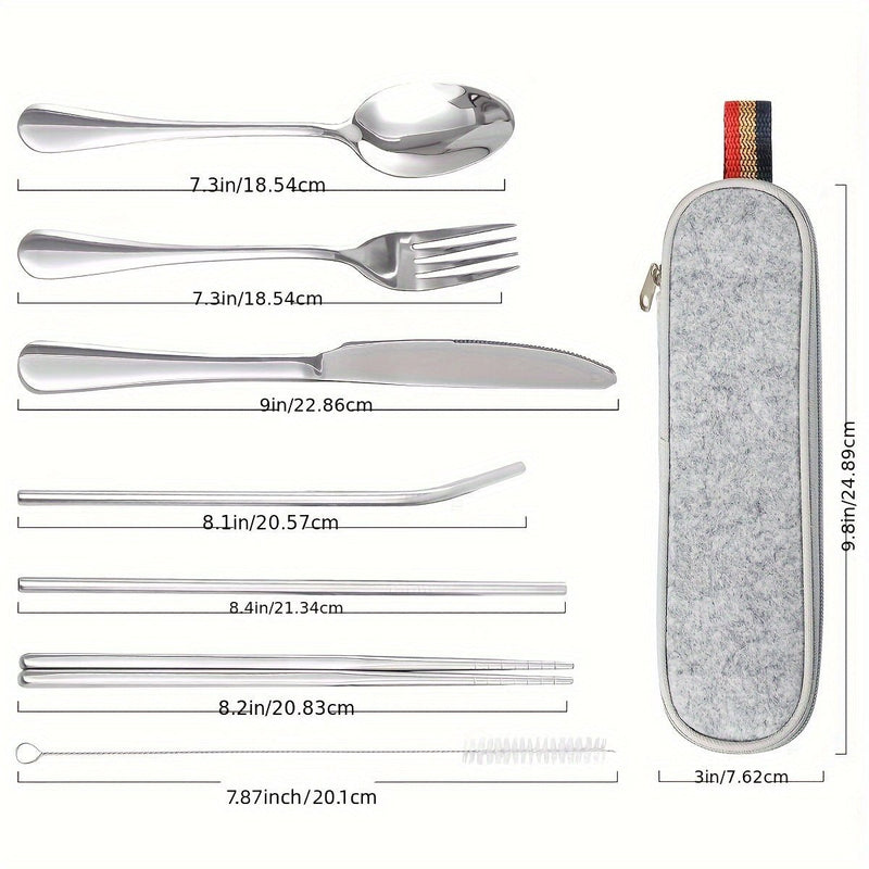 Conjunto de Cubiertos de Acero Inoxidable de 8 Piezas, Cómodo y Ecológico para Viajes: Versátil para Acampar con Cuchillo, Tenedor, Cuchara, Palillos, Pajitas & Cepillo de Limpieza en Estuche Compacto - SACASUSA