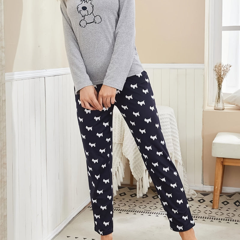 Conjunto De Pijama Con Estampado De Perro De Dibujos Animados, Camiseta De Manga Larga Con Cuello Redondo Y Pantalones Con Cintura Elástica, Ropa De Dormir Y Ropa De Descanso Para Mujer - SACASUSA