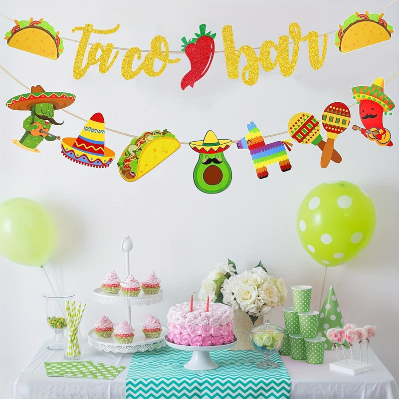 Conjunto, Guirnalda De Pancarta De Barra De Fiesta De Tacos 2 Conjunto De Pancarta De Fiesta Mexicana Con Cactus, Burro, Maraca, Sombrero, Taco Y Pimiento Para Decoraciones De Fiesta Temática Mexicana De Cinco De Mayo - SACASUSA