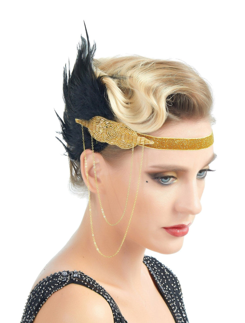 Diadema Flapper de los años 20, tocado del gran Gatsby, accesorios para el cabello de plumas negras, diamantes de imitación, cristal, Halloween