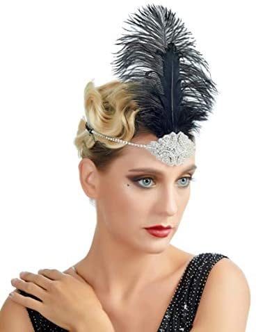 Diademas estilo flapper de los años 20, diamantes de imitación, lentejuelas negras, accesorios para el cabello de plumas para mujer del gran Gatsby de los años 20 (plata)