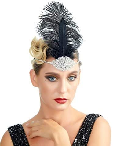 Diademas estilo flapper de los años 20, diamantes de imitación, lentejuelas negras, accesorios para el cabello de plumas para mujer del gran Gatsby de los años 20 (plata)