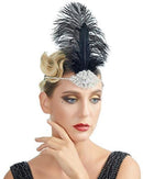 1920s Flapper Headbands, Rhinestone, Black Sequin, Great Gatsby Feather Hair Accessories for Women (Silver)