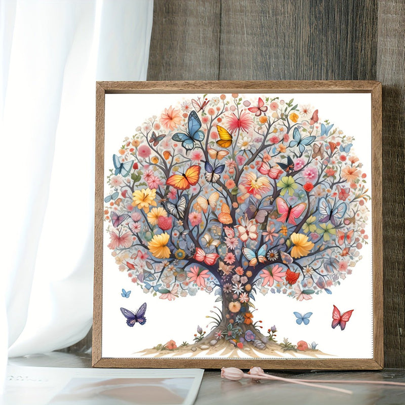 DiamondArtZone Kit de Pintura DIY con Diamantes 5D - Árbol de Vida y Mariposas - Pedrería Redonda Completa y Accesorios - Lienzo Artístico 30x30cm - Regalo Ideal para Adultos - SACASUSA