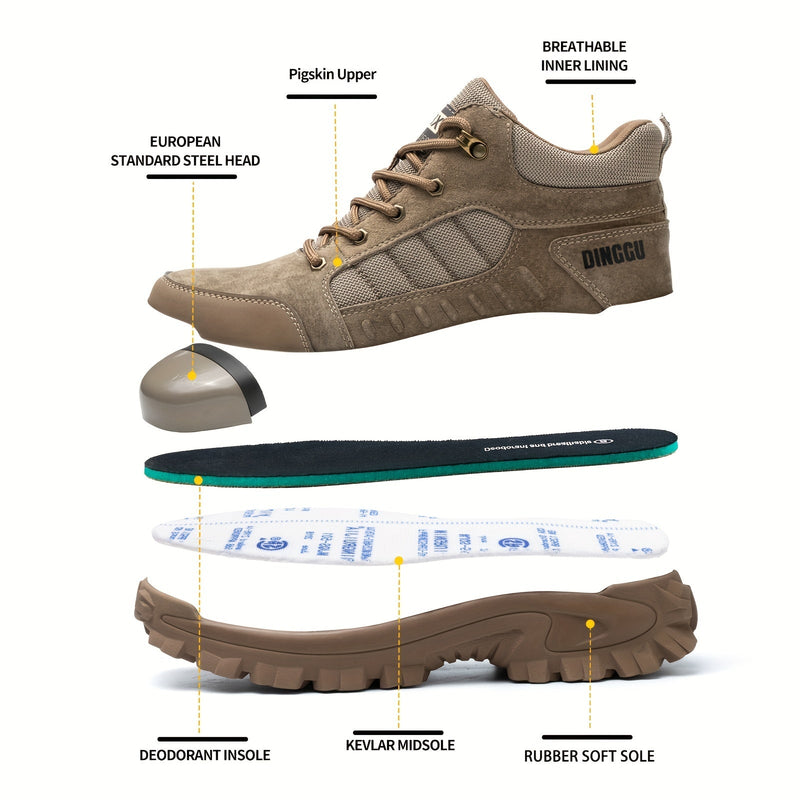 DingGu Zapatillas Altas de Trabajo con Punta de Acero para Hombre Todo el Año - A Prueba de Pinchazos, Antideslizantes, Absorción de Impactos, Cuero Transpirable, Plantilla Cómoda para Seguridad Industrial y Construcción - SACASUSA