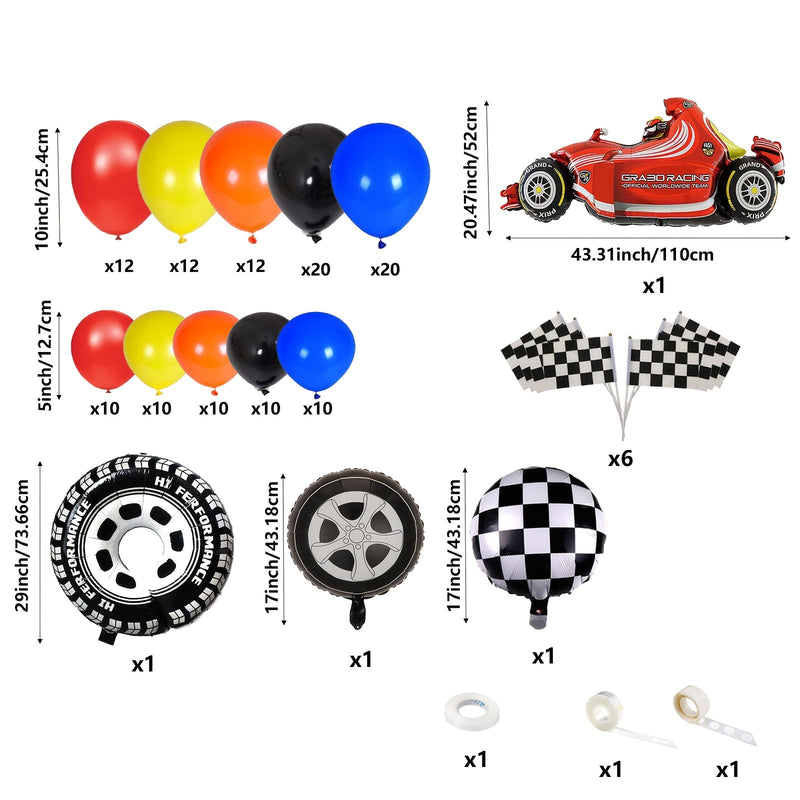 El Juego De Globos Temáticos De Carreras/globos De Fiesta Para Niños Contiene 140 Piezas De Accesorios, Incluidos 126 Piezas De Globos De Látex + 4 Piezas De Globos De Papel De Aluminio + 6 Piezas De Banderas + 4 Piezas De Accesorios Incluidos - SACASUSA