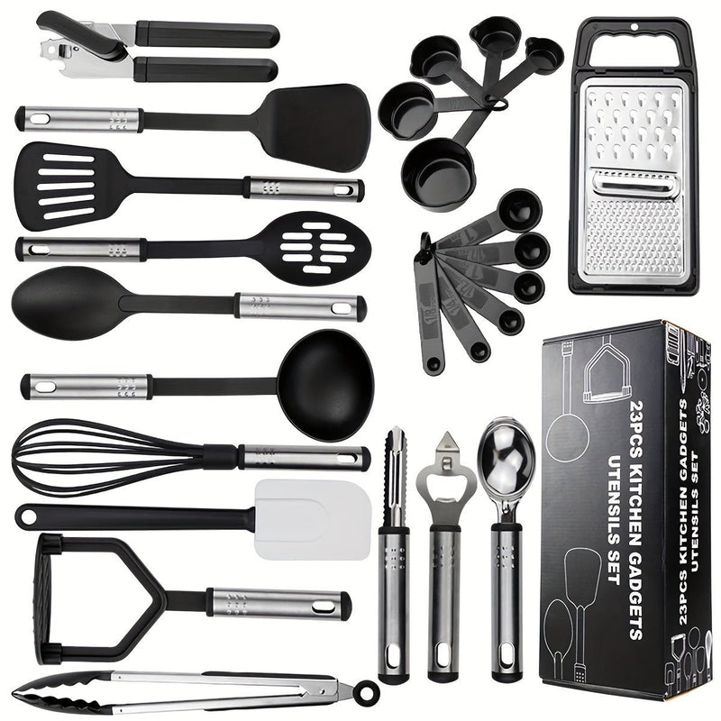 Elegante Juego de Utensilios de Cocina de 25 Piezas en Acero Inoxidable y Silicona - Duradero, Seguro para Utensilios de Cocina Antiadherentes y Fácil de Limpiar - Añade Elegancia a Cualquier Cocina - SACASUSA